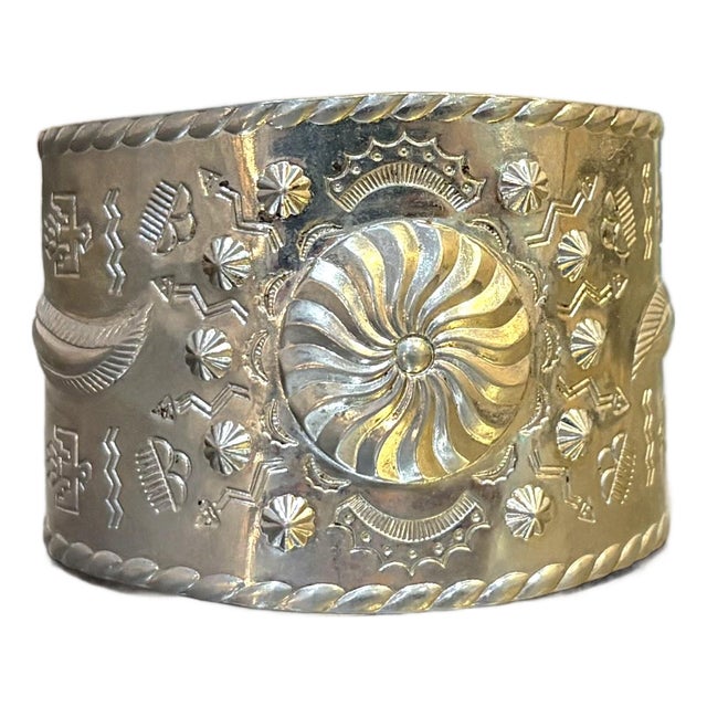 Native American Style Etched Silver Cuff Bracelet For Sale