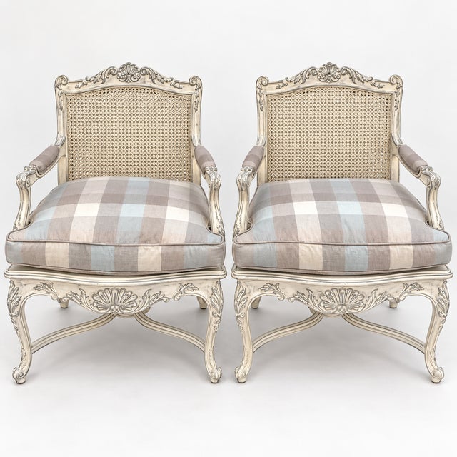 Mid 20th Century French Louis XV Style Carved Shell & Painted Caned Bergere Chairs -Pair For Sale - Image 5 of 11
