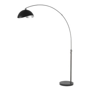 1960s 92-Inch Mid Century Modern 1-Light Arc Floor Lamp - Luna Bella, Black Finish, Marble Base, Shade For Sale