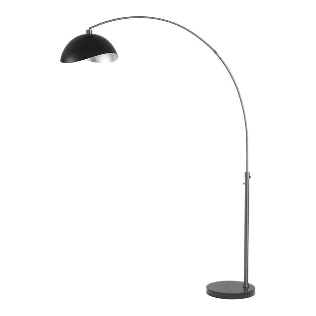 1960s 92-Inch Mid Century Modern 1-Light Arc Floor Lamp - Luna Bella, Black Finish, Marble Base, Shade For Sale