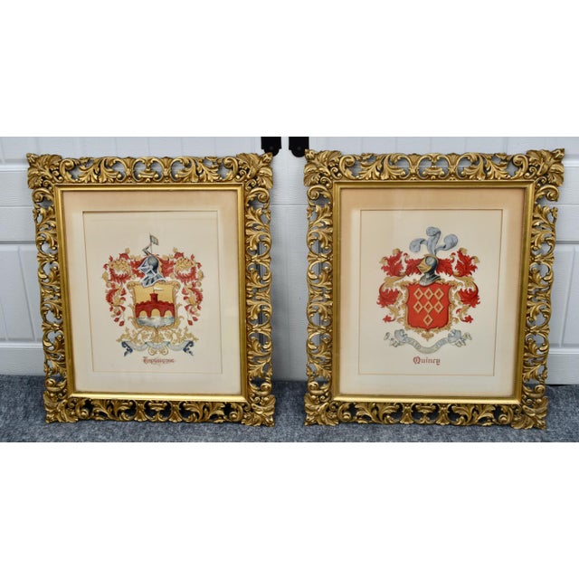Vintage Pair Framed Prints Coat of Arm Ornate Gold Gilt For Sale - Image 10 of 18