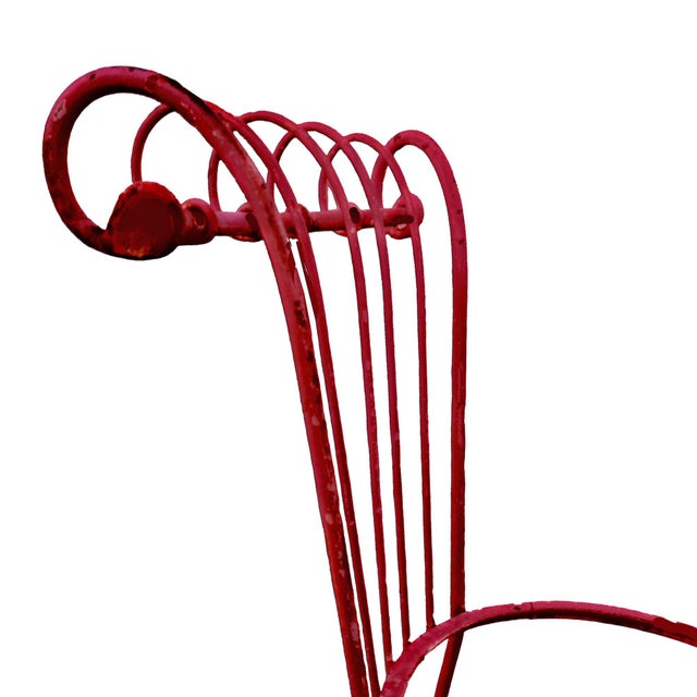Art Deco 50s Mathieu Matégot Style Red Scroll Back Wrought Iron French Outdoor Patio Chair For Sale - Image 3 of 7