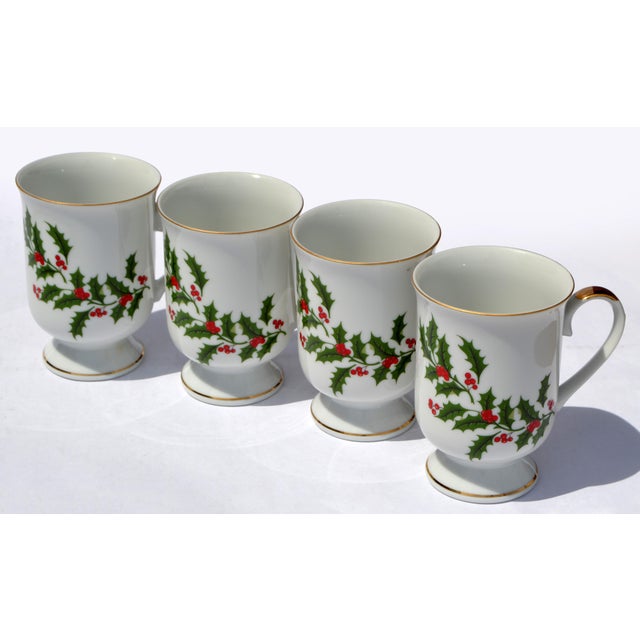 Set 4 Japan Porcelain & Gold Trim Footed Mug Christmas Holly by All the Trimmings For Sale - Image 16 of 16