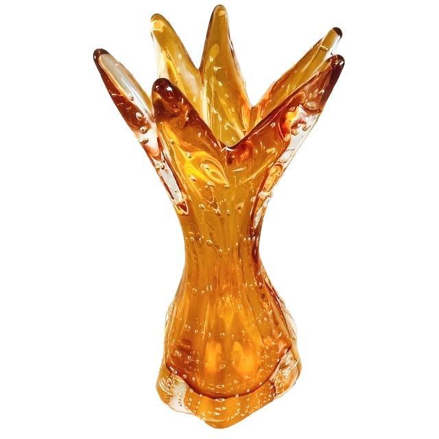Vintage Bullicante Murano amber glass vase, attributed to Archimede Seguso from the 1970s. This amber vase features a...