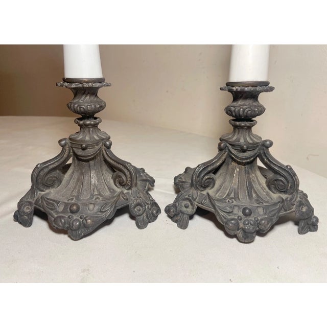 Pair of Antique Bronze Patinated Ornate Porcelain Candlesticks Candle Holders For Sale - Image 10 of 13