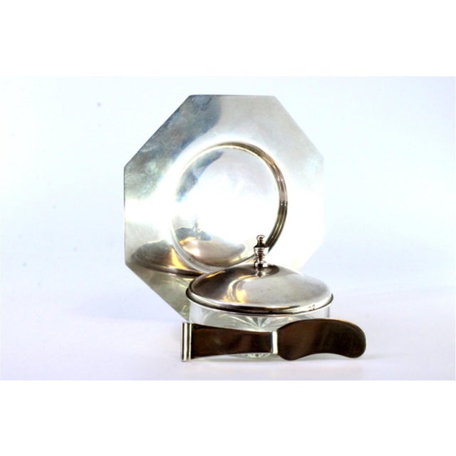 Octagonal Silver Butter Dish with Cut Glass Core, Knife and Knob Lid, in Very Good conditions. Designed 1980 to 1989 This...