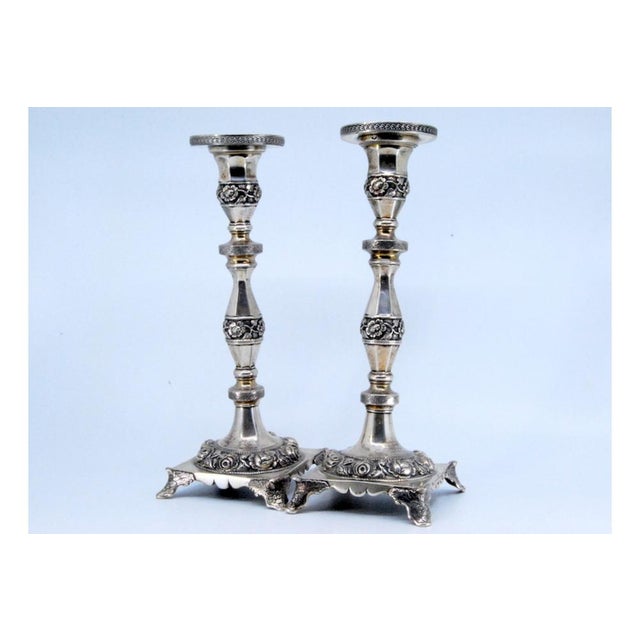 Silver Candlesticks with Turned Stems and Embossed Floral Motifs, Set of 2 For Sale - Image 12 of 12