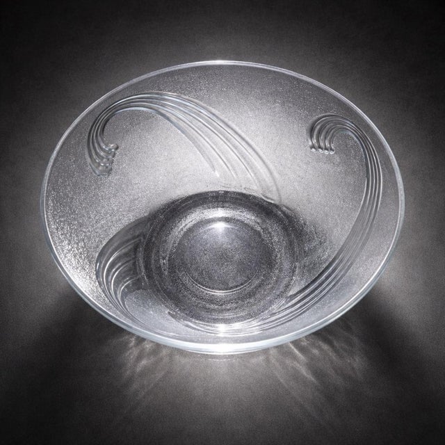 Mid-Century Modern Large Art Deco Style Frosted Art Glass Sculptural Bowl With Applied Arc Motif For Sale - Image 3 of 8