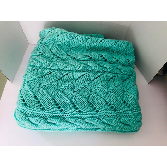 Turquoise Green Knitted Handmade Bed Cover / Throw For Sale - Image 8 of 8