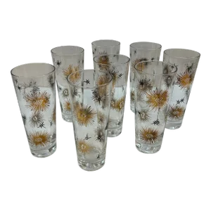 1950s Black and Gold Tapered Starburst Cocktail Drinking Glasses Set of 8