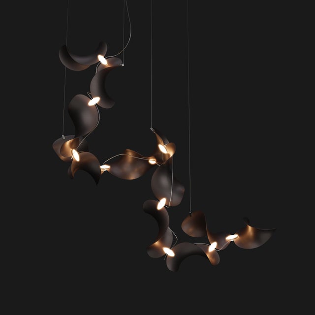 Dune 12 Spiral Chandelier with Shades in Dark Bronze Metallic Tone by Daniel Becker for Moss Objects For Sale - Image 6 of 8