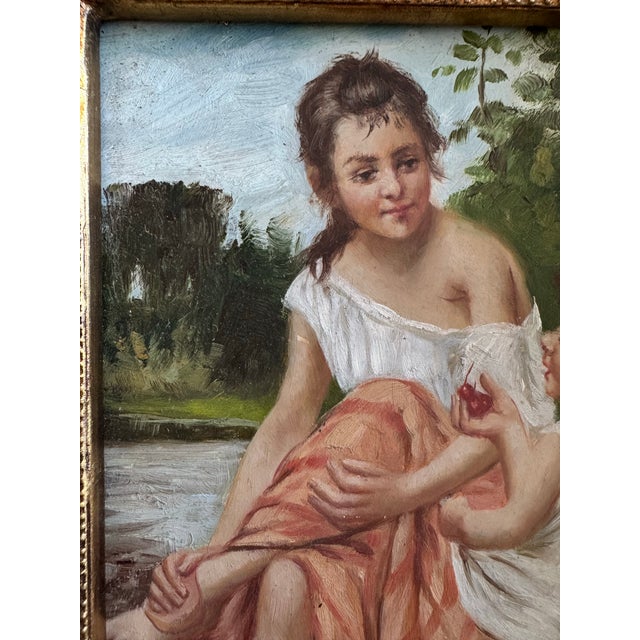 French Antique French Oil on Panel Painting After François-Alfred Delobbe “Le Goûter Après Le Bain” in Ornate Gilt Frame For Sale - Image 3 of 8