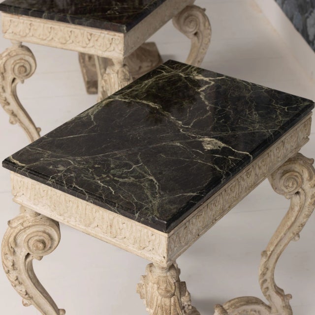 Cream Pair of French Recency Tables in Original Paint With Campan Marble Tops Attributed to Maison Jansen For Sale - Image 8 of 12