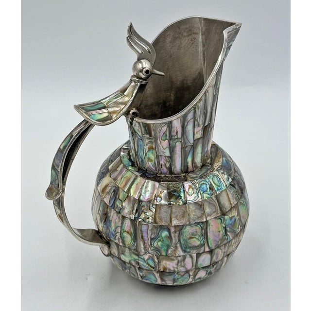 1960s Mexican Alpaca Silver & Abalone Bird of Paradise Pitcher Set - 7 pcs For Sale - Image 13 of 18