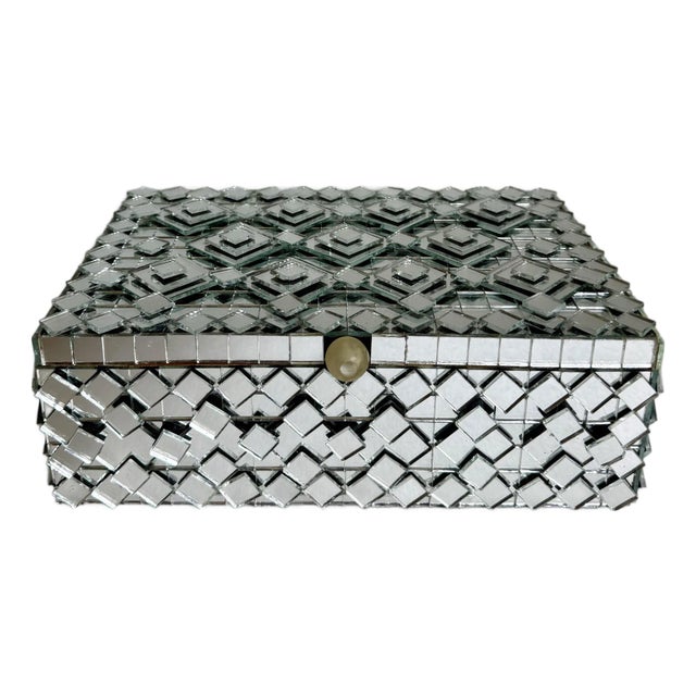 Vintage Mirrored Mosaic Jewelry Box With Geometric Layered Glass Design For Sale