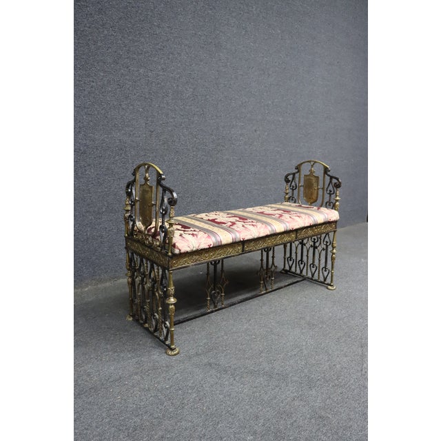 Oscar Bach Attributed Gilt Bronze and Wrought Iron Upholstered Bench For Sale - Image 4 of 15