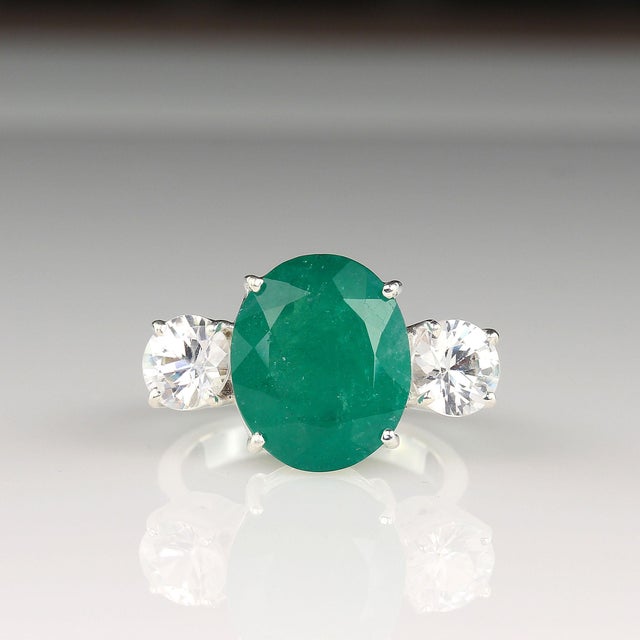 Traditional Statement Dinner Ring of Brazilian Emerald & Genuine Zircons in Silver Size 7 For Sale - Image 3 of 7