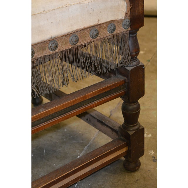 Antique Carved Wood Arm / Throne Chair Straw / Hair Stuffed W/ Metal Rivets For Sale - Image 17 of 17