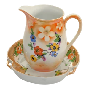 Early 20th Century Japanese Moriage Bowl Handles Bavaria Porcelain Pitchers- 2 Pieces