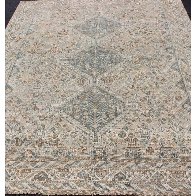 Blue and Taupe Antique Persian Shiraz Rug With Tribal Geometric Medallions For Sale In Atlanta - Image 6 of 13