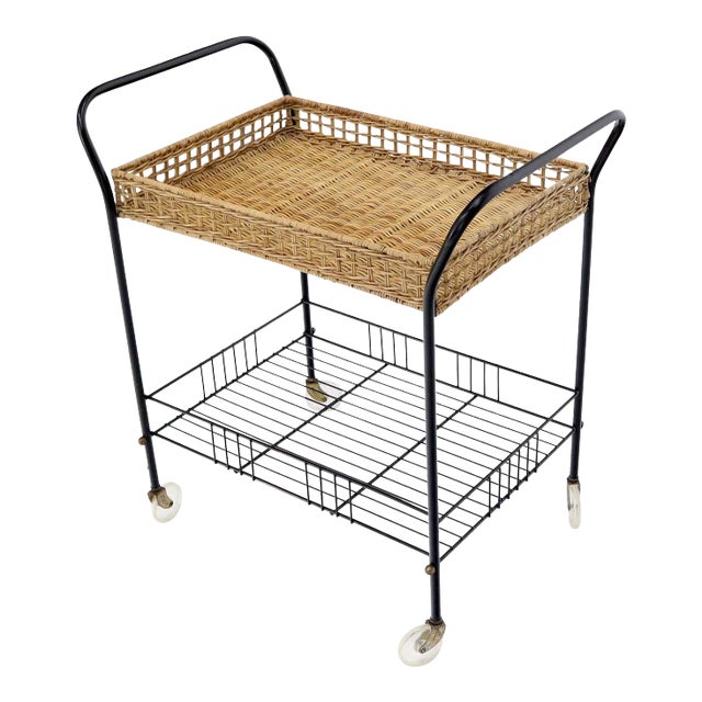 Wicker & Bent Steel Mid-Century Modern Serving Cart Side Table on Wheels For Sale