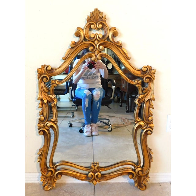 Gold Vintage Mid Century Italian Florentine Gold Carved Wood Fleur De Lis Mirror For Sale - Image 8 of 11