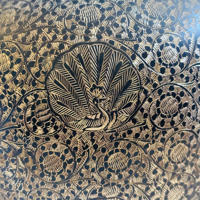 Large 13" Etched Brass Vase With Peacock Design For Sale - Image 9 of 11