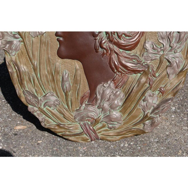 Art Nouveau terracotta bas-relief, painted in polychrome signed on the back
