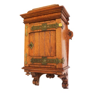 Arts & Crafts Hand-Carved Oak Wall Cabinet with Brass Details, 1900s For Sale