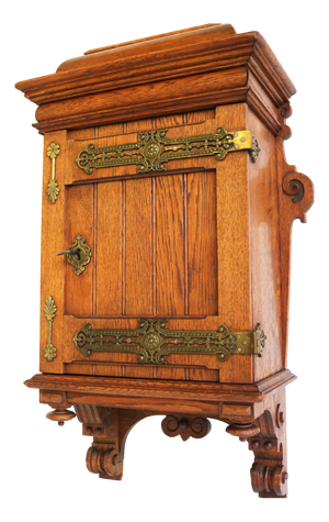 Arts & Crafts Hand-Carved Oak Wall Cabinet with Brass Details, 1900s