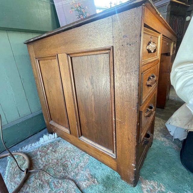 Early 20th Century Arts and Crafts Era Oak Partners Desk Wit Carved Pulls For Sale - Image 10 of 11