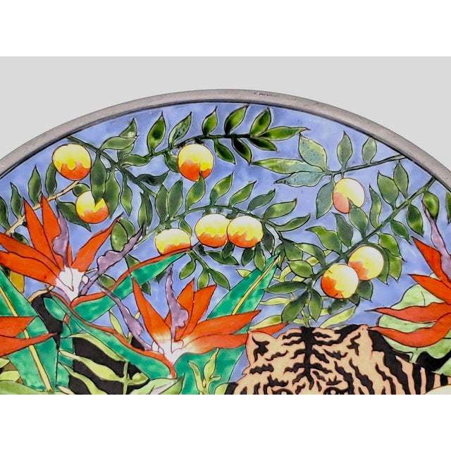 Sky Blue Vintage Neiman Marcus Chinese Porcelain Tiger Floral Bowl With Pewter Trim For Sale - Image 8 of 10