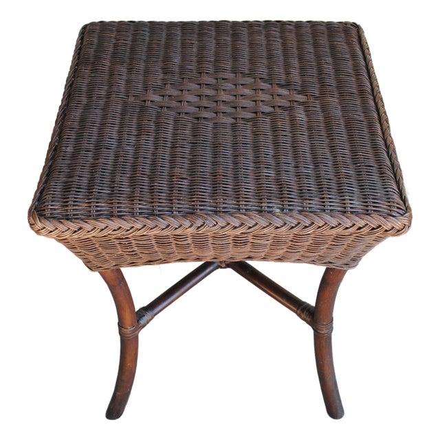 Vintage Square Brown Wicker Accent Table For Sale
