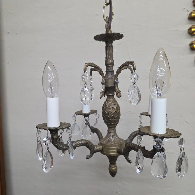 1960s Brass Pineapple Crystal Four-Light Chandelier For Sale - Image 9 of 17