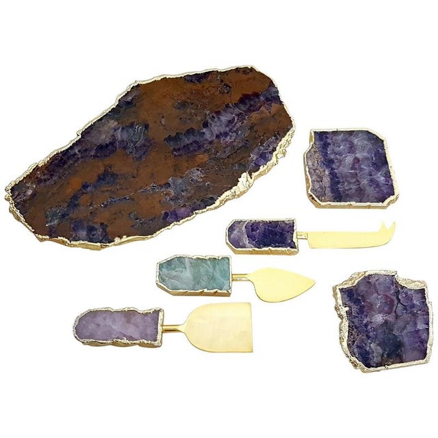 Modernist Agate Cheese Board Set with Knives and Coasters, India, Set of 6 For Sale - Image 10 of 10