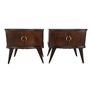 Art Deco Mahogany Crotch Bedside Tables with Glass Top, 1950, Set of 2 For Sale