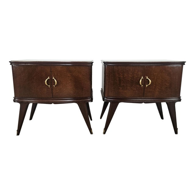 Art Deco Mahogany Crotch Bedside Tables with Glass Top, 1950, Set of 2 For Sale