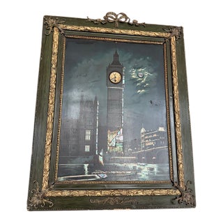 Antique Edwardian London City Big Ben Clock Tower With Frame For Sale