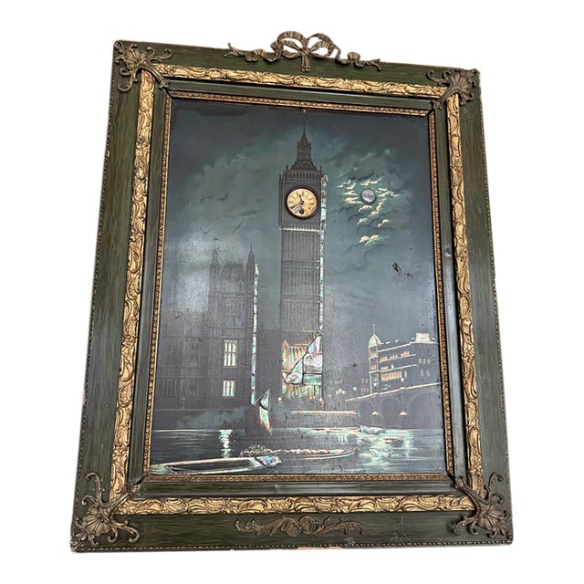 Antique Edwardian London City Big Ben Clock Tower With Frame For Sale
