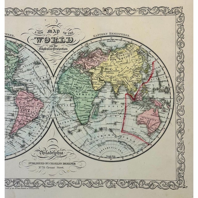 American Double Hemisphere Original Map of the World, by Charles Desilver, 1856 For Sale - Image 3 of 4
