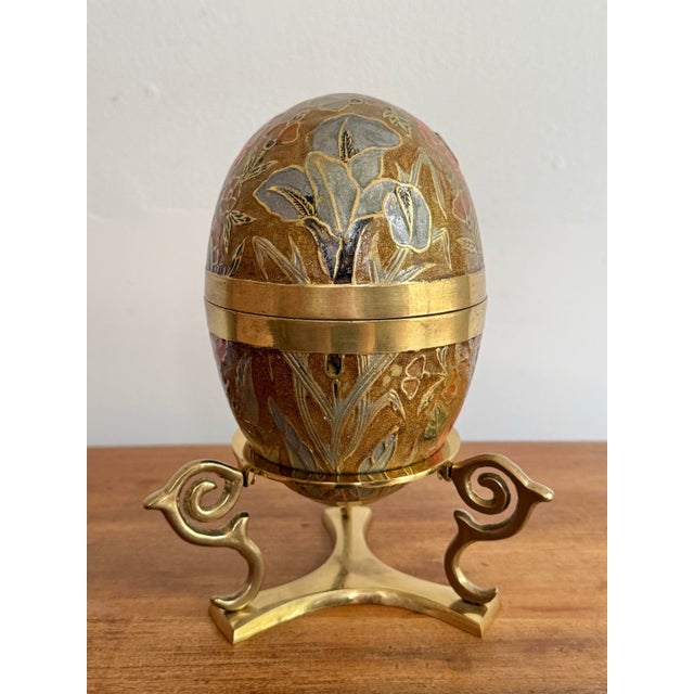 Brass Large 1970s Brass and Enamel Floral Egg Box on Stand For Sale - Image 8 of 8