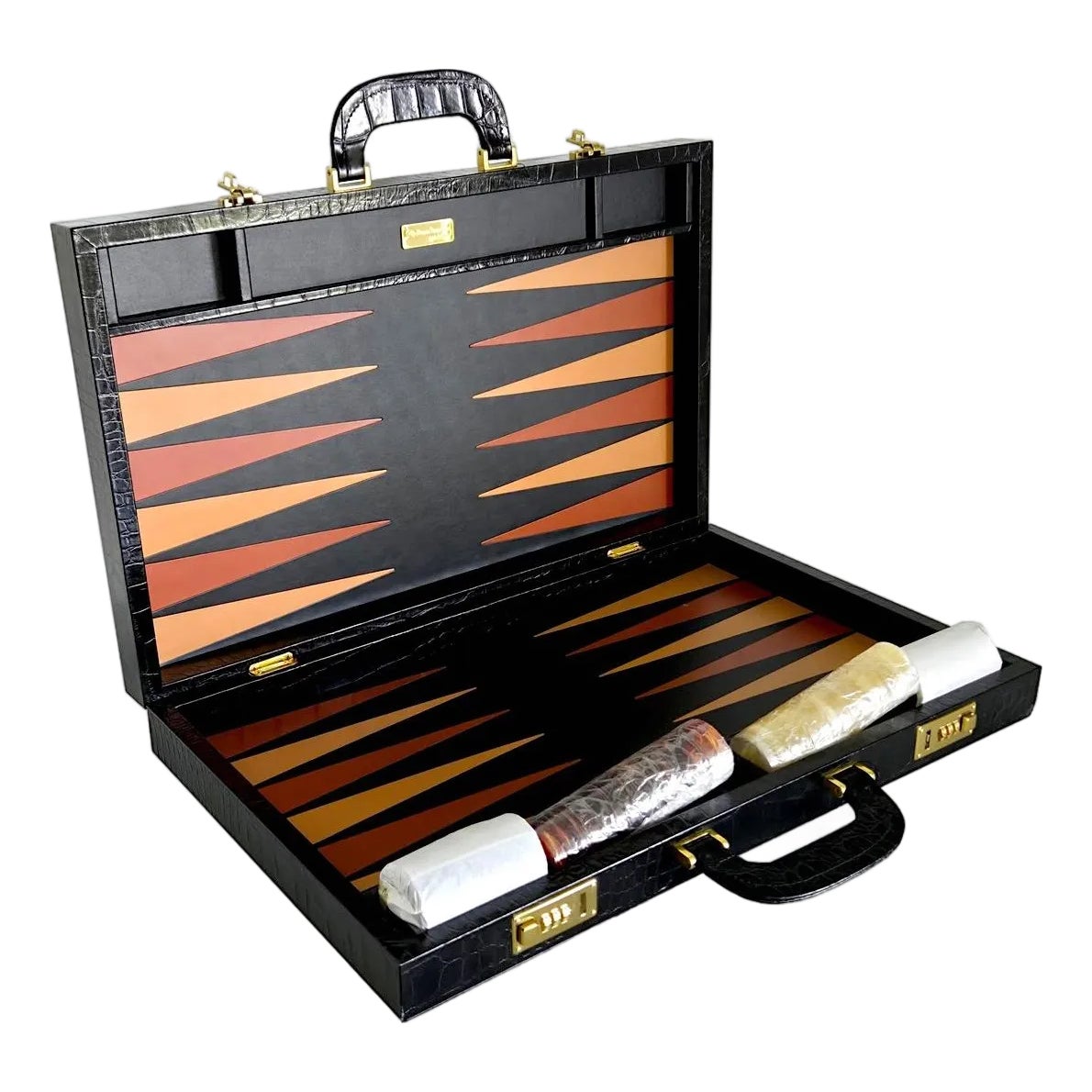 Renzo Romagnoli Black Crocodile Embossed Leather Backgammon Set