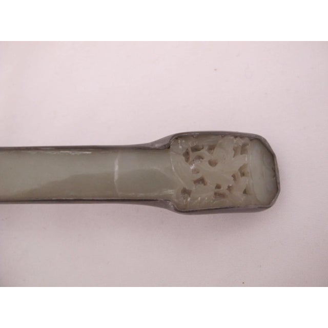 Metal Chinese Jade & Carnelian Inlaid Engraved Pewter Fork Spoon Salad Serving Set For Sale - Image 7 of 10