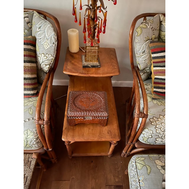 1940s MCM Heywood Wakefield Rattan Pair Lounge Chairs, Foot Stool & Lamp Table For Sale - Image 9 of 10