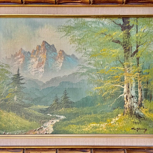 Impressionist Vintage Signed Natural Landscape Oil Painting W/ Faux Bamboo Gilt Frame For Sale - Image 3 of 9