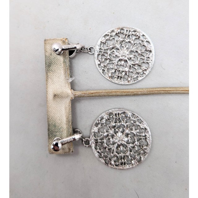 Silver Vintage C1973 Signed Napier Rhodium Plated Openwork Drop Clip Earrings-2 Pieces For Sale - Image 8 of 8