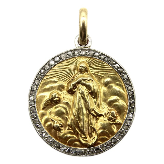 1910s Edwardian French 18k Gold and Platinum Mother of God Pendant For Sale