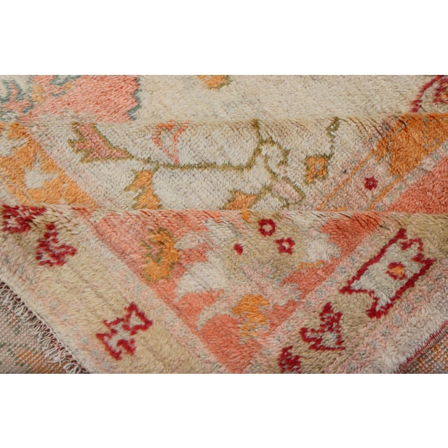 Antique Turkish Oushak Rug in Coral, Ivory and Soft Blue Accents For Sale - Image 12 of 13