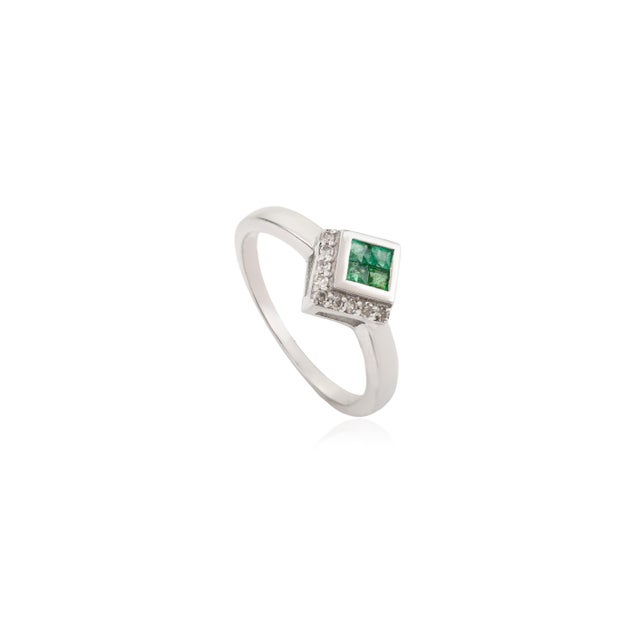 Minimalism Classic 925 Silver Square-Cut Natural Emerald & Diamond Ring Wedding Gift - Size 7 For Sale - Image 3 of 10