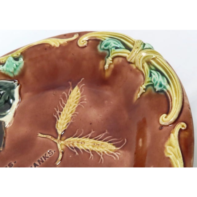 Antique Victorian Majolica Bread Serving Tray With Unusual Fish & Wheat Motif & Religious Motto For Sale In Boston - Image 6 of 13